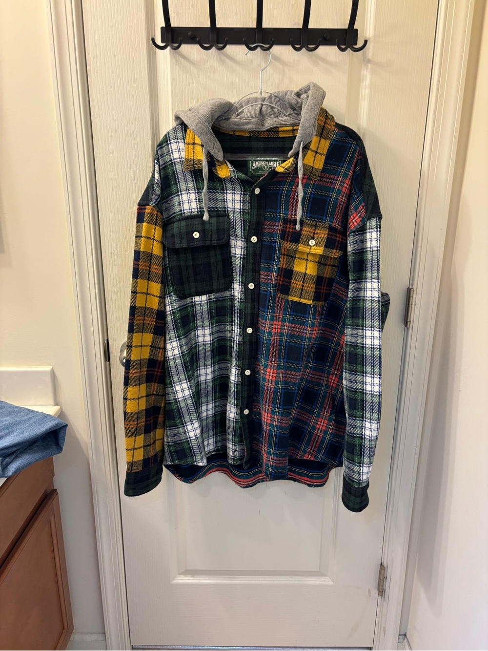 American Eagle XXL Patchwork Plaid Flannel Shirt Gray Hood Multicolor Shacket